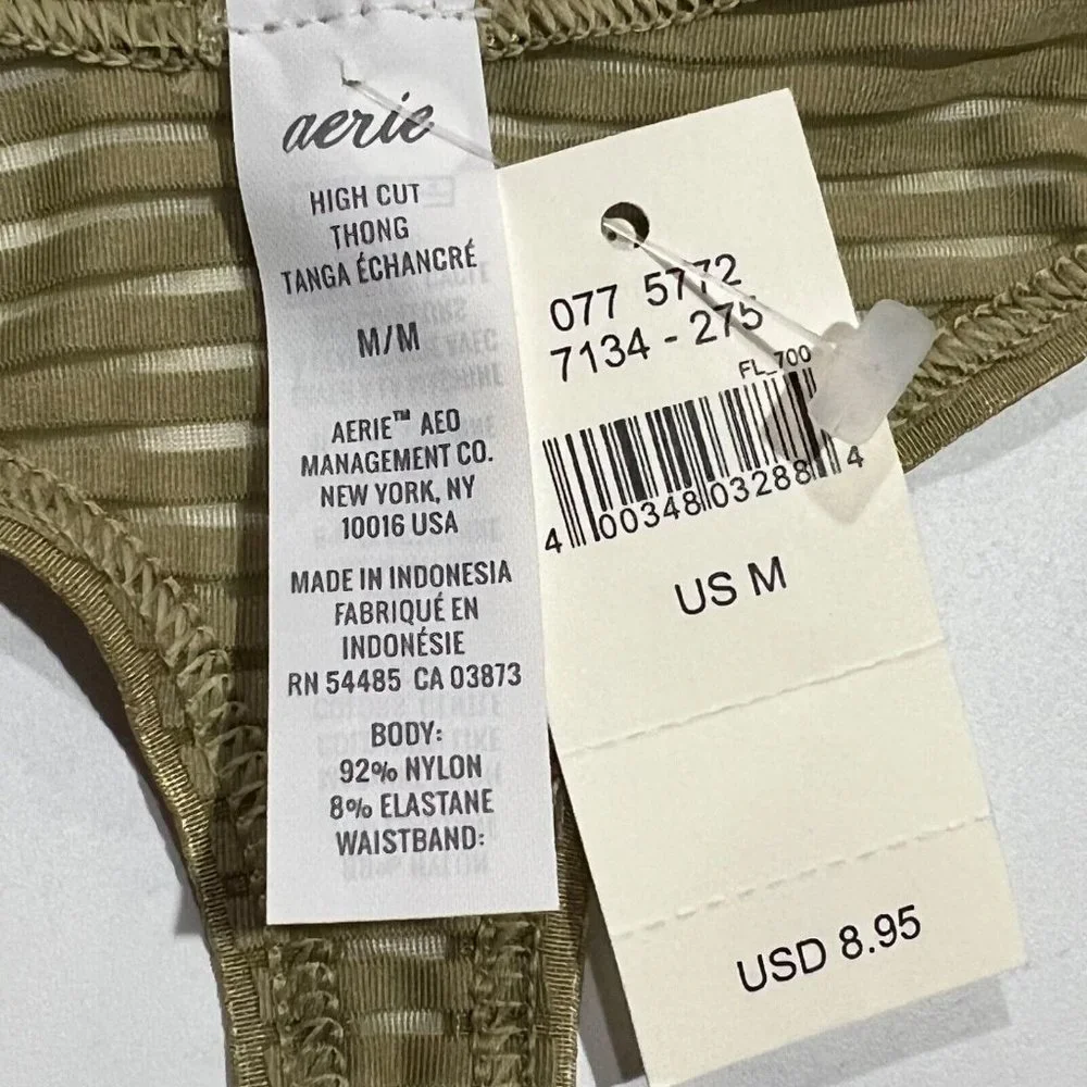 NWT AERIE High Cut Thong Sz M Olive Green Sheer Stripe